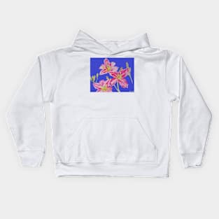 Pink Lily Flower Watercolor Painting Pattern - on Navy Blue Kids Hoodie